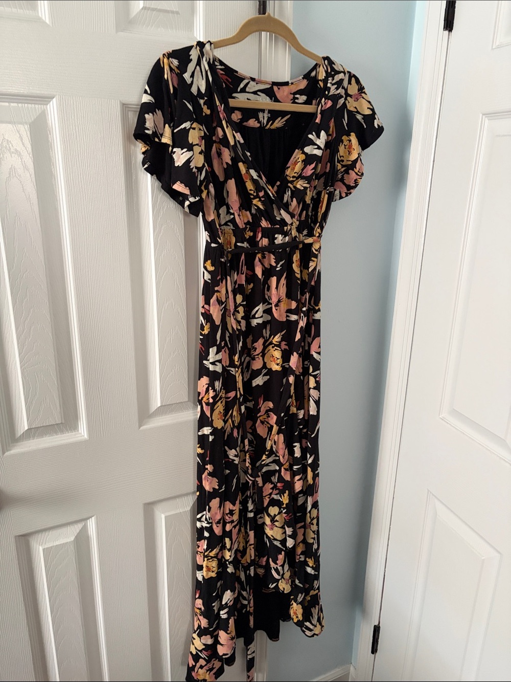 Ingrid & Isabel Black Floral Wrap Maxi Dress with Pink and Cream Blooms